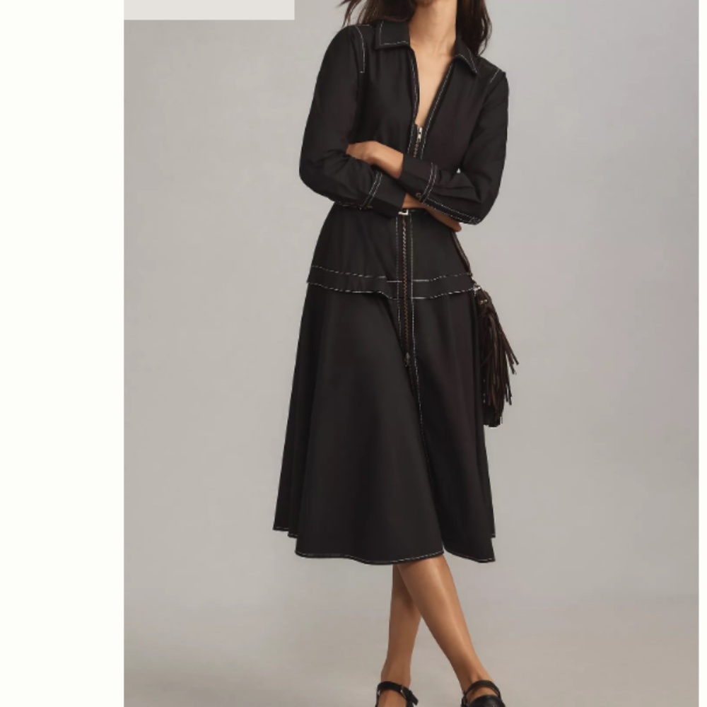NWT By Anthropologie Long-Sleeve Navy Blue Belted Front-Zip Midi Dress size MP